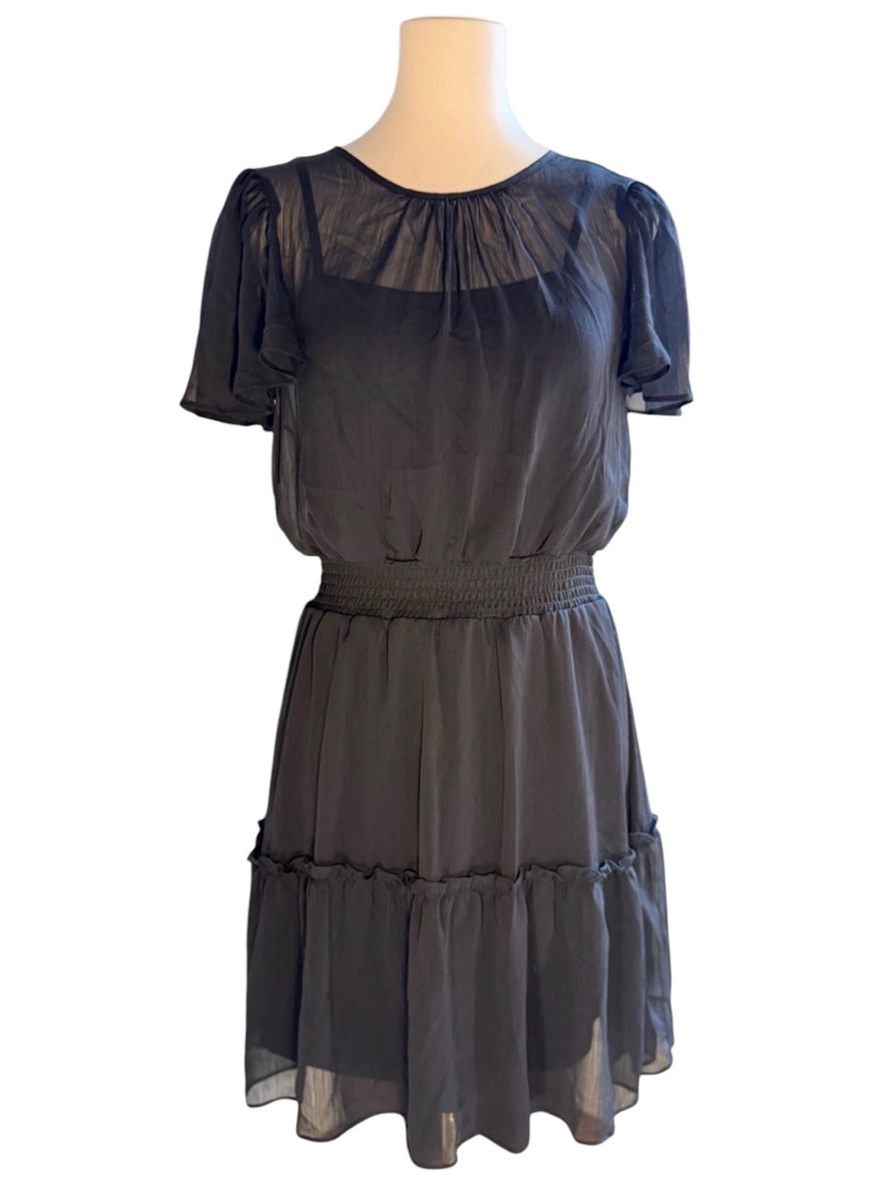 Karl Lagerfeld Black Sheer Short-Sleeve Tiered Dress
